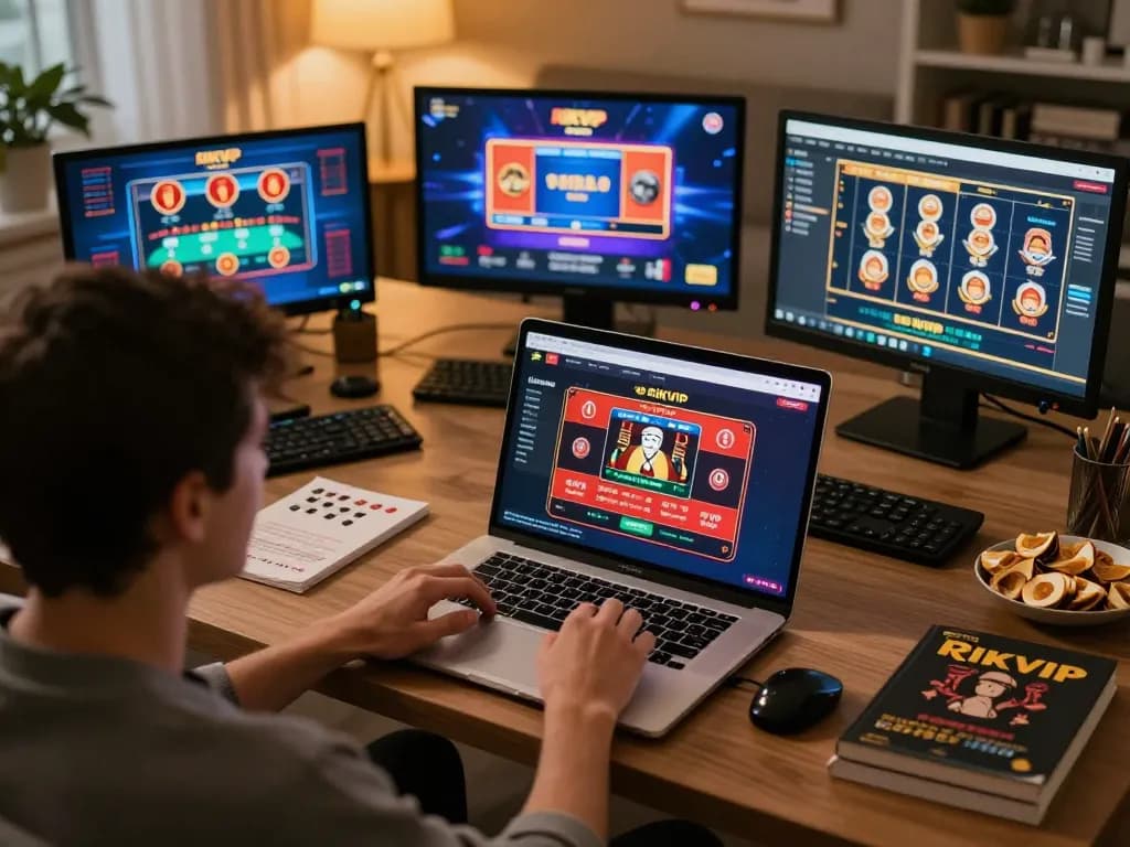 Engaged player using RIKVIP casino app on laptop for an immersive online gaming experience