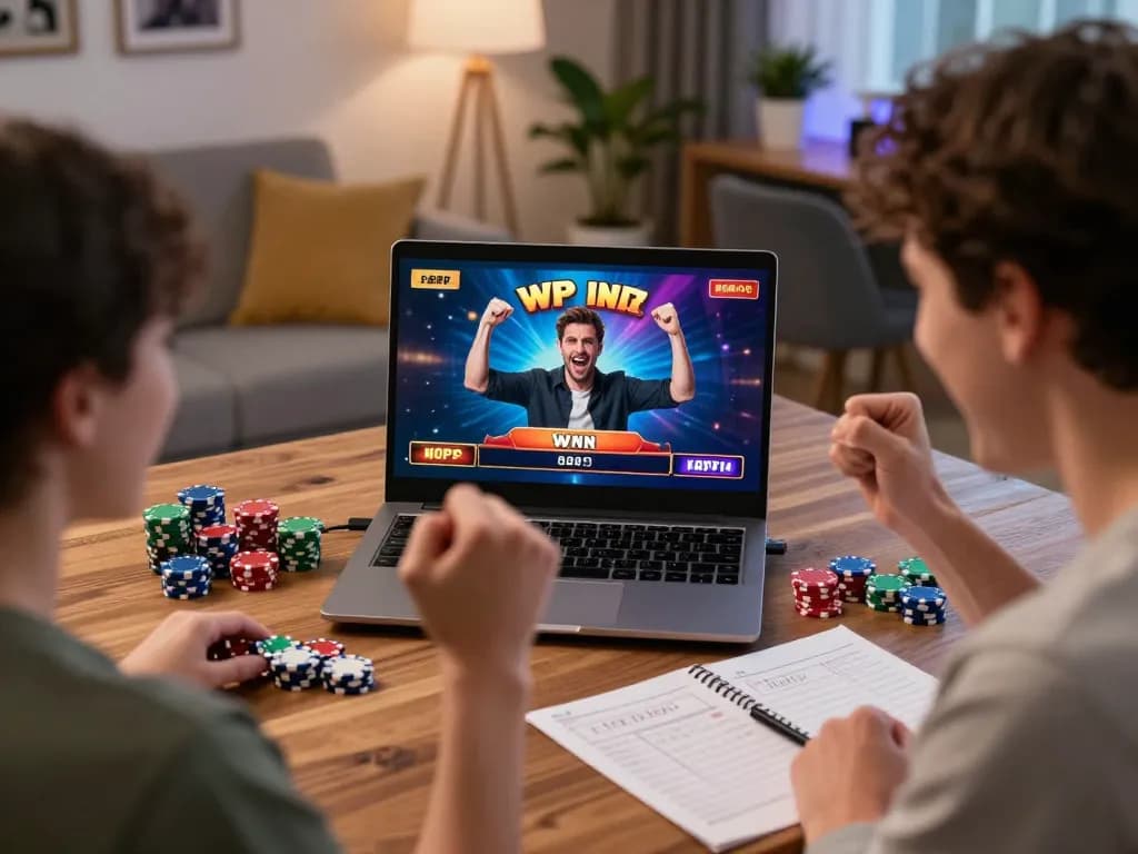 Nk88 win celebrates a thrilling moment in online gambling with a player using a laptop.
