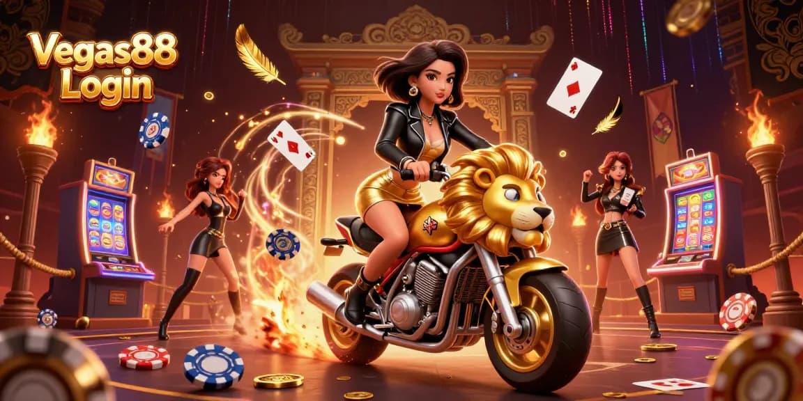 Experience Vegas88 Login with a glamorous Asian woman riding a lion in a vibrant casino scene.