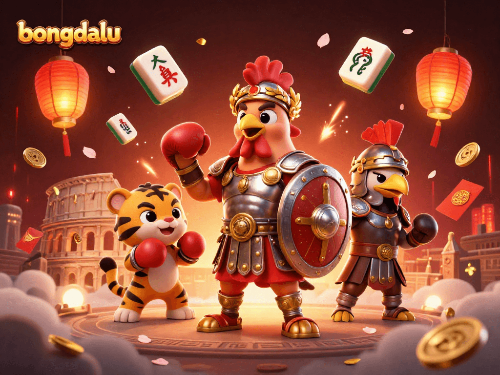 Bongdalu features a gladiator rooster and casino-themed elements in a vibrant 3D illustration.