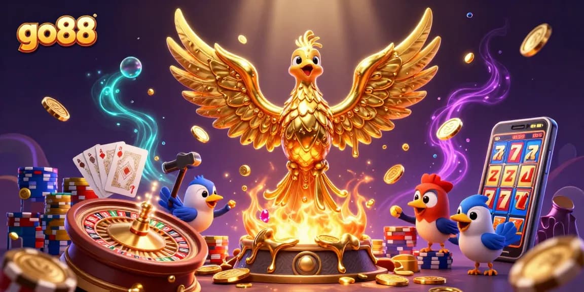 Engage in thrilling gaming with go88 featuring a phoenix and casino elements bringing excitement.