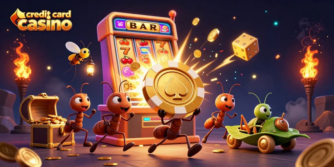 Ants carrying a golden poker chip in a vibrant credit card casino scene with dramatic lighting.