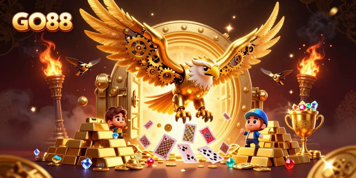 Immerse in GO88's vibrant gaming landscape, featuring a powerful eagle amid holographic cards and golden treasures.
