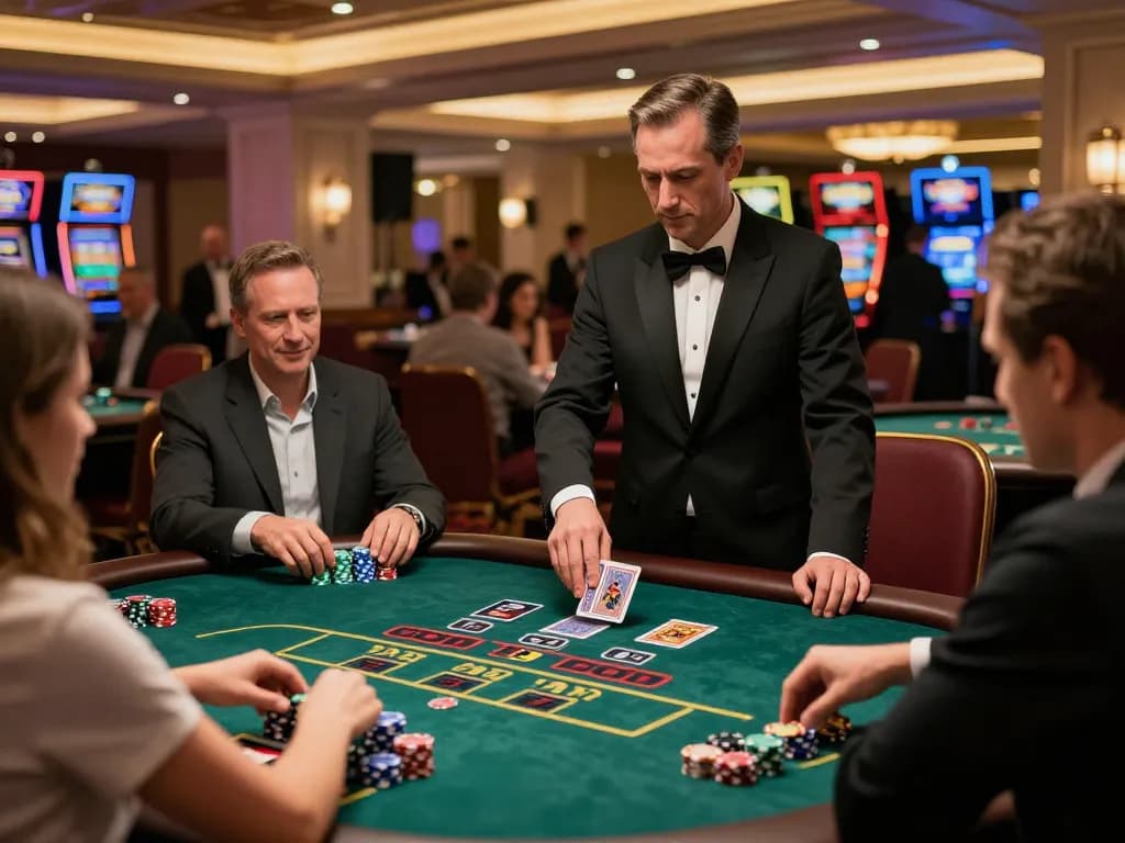 Players at 23win's blackjack table focus on winning strategies in a lively casino