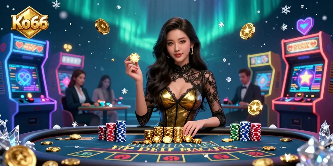 Engage in high-stakes gameplay at Ko66 with a glamorous Asian woman holding golden casino chips amid immersive game elements.