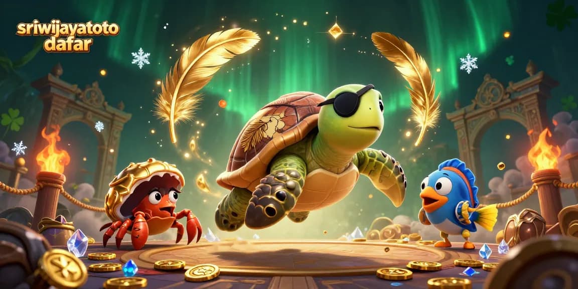 Experience thrilling adventures with sriwijayatoto daftar, featuring cartoon pirate turtle, treasure, and dazzling casino elements.