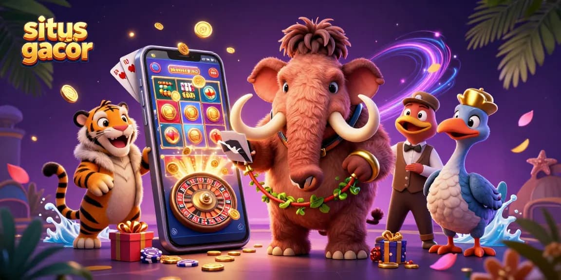 Slot gacor menarik dengan bouncer mamut, tamu harimau, dan penjaga dodo yang menyambut pemain.