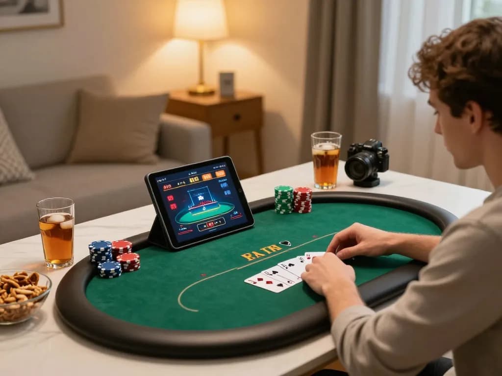 Engaging with cm8888 on a tablet in a cozy home setting, enjoying an online poker experience