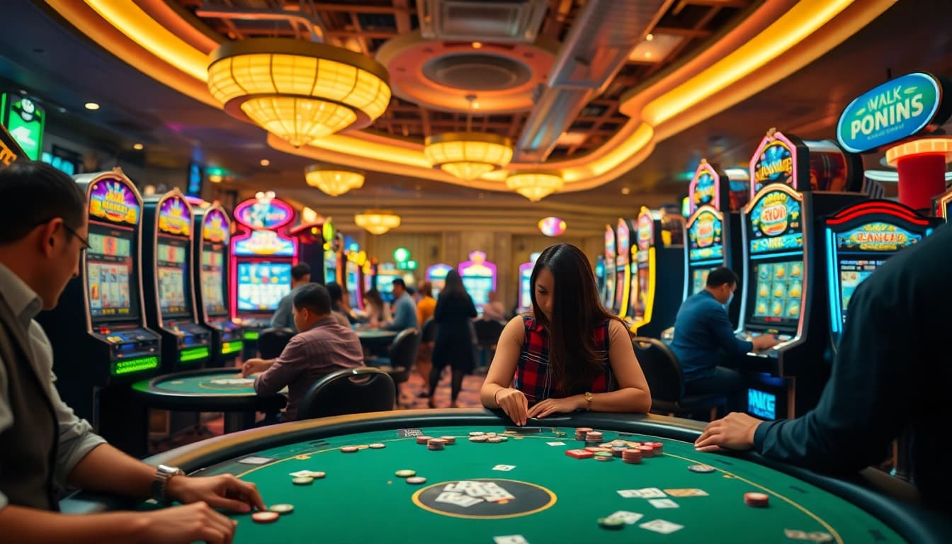 Mahongtoto menunjukkan permainan kasino dengan pemain aktif dan mesin slot yang berwarna-warni.