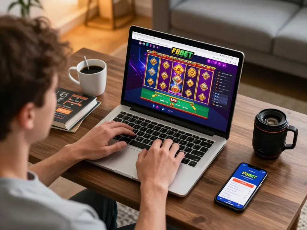 Engaging online gaming scene with player immersed in F8BET casino interface at home, showcasing responsible gambling.