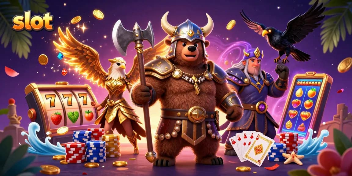 Spin exciting slot reels with a Viking berserker bear and Valkyrie eagle in a vibrant casino scene.