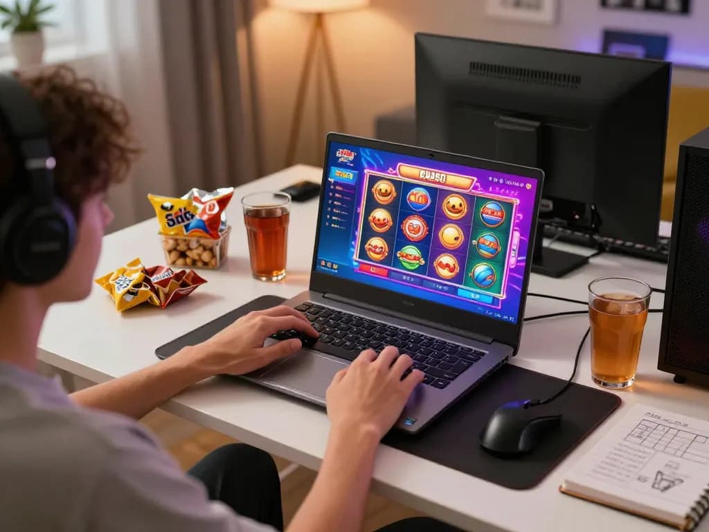 Engaging gameplay on situs slot games with a laptop in a cozy home setting, emphasizing strategic entertainment.