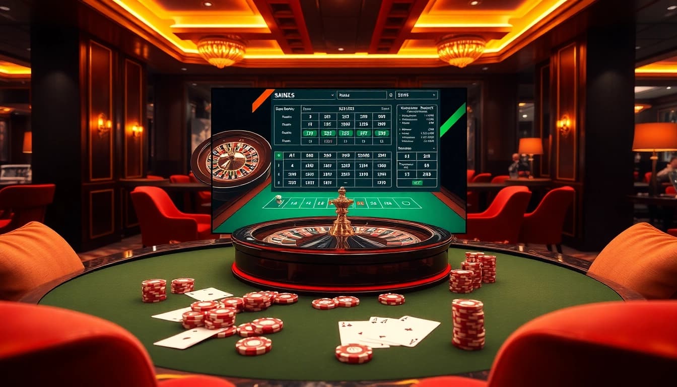 Sbobet login Indonesia interface displayed on an elegant casino table with roulette and poker elements.