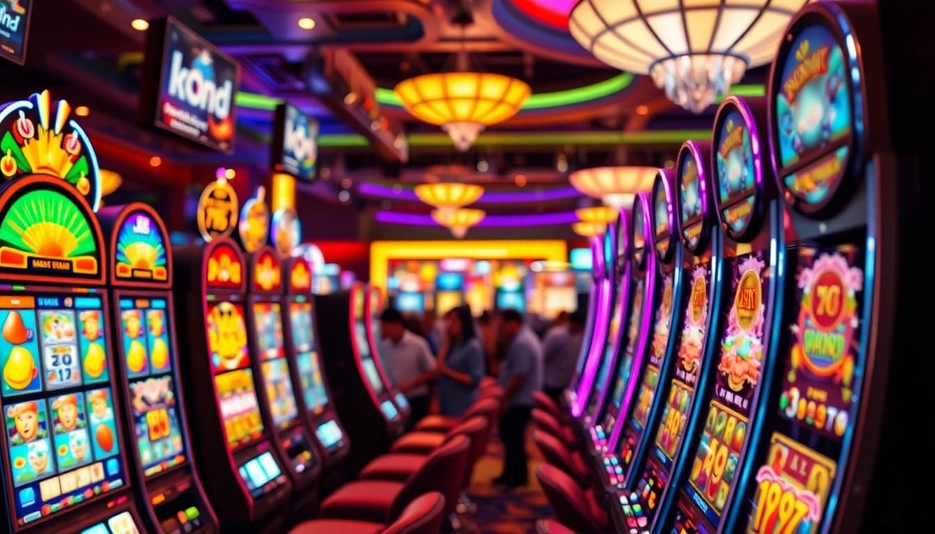 Excited players enjoying as38 slot server luar negeri at vibrant slot machines in a lively casino.