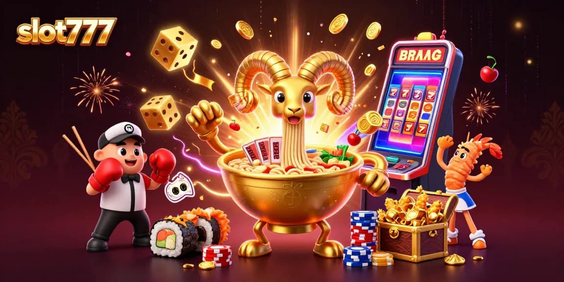 Mainkan slot777 dengan kegembiraan di depan mesin slot berkilau dan karakter menarik.