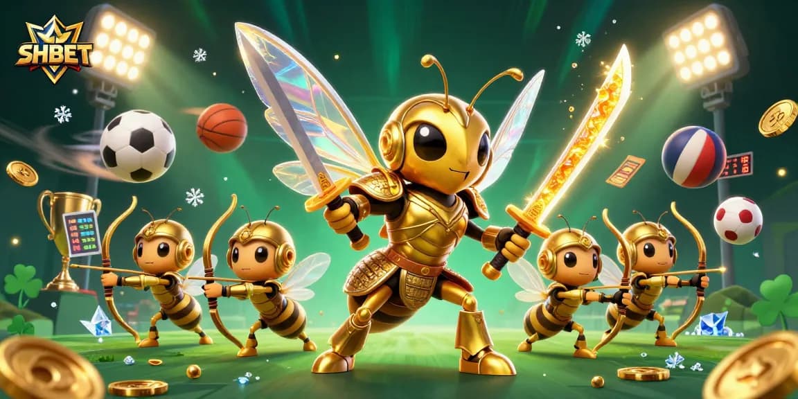 Experience the excitement of betting at SHBET with a vibrant 3D casino illustration featuring games and prizes.