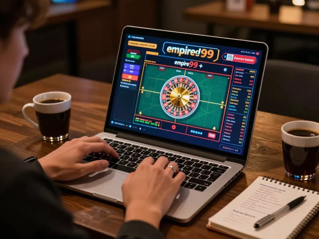 Momen menarik dengan seorang pengguna yang memainkan roulette kasino empire99 di laptop, dikelilingi oleh catatan strategi taruhan.