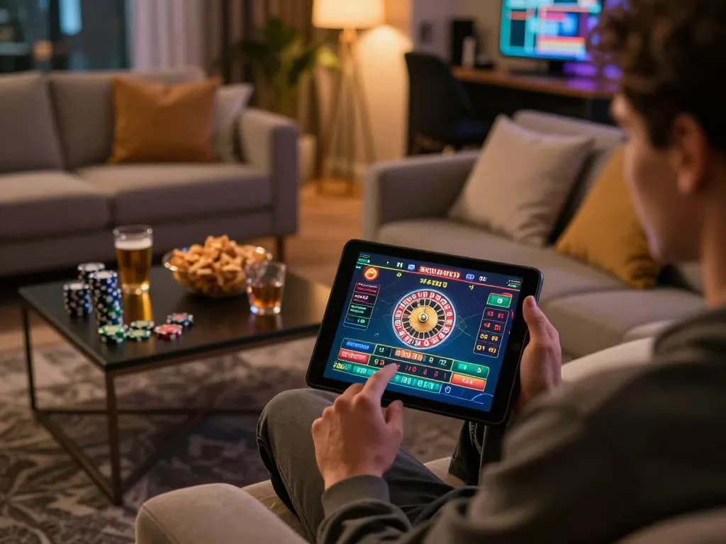 king33 player enjoying live casino roulette on a tablet during a cozy home gaming night