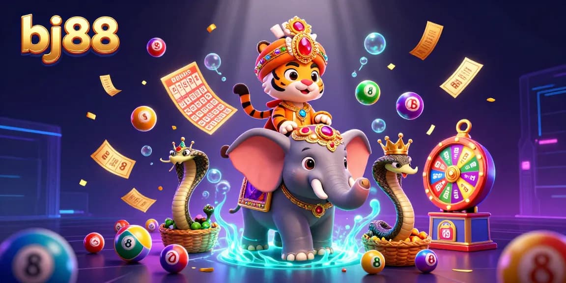 BJ88 offers a vibrant gambling experience, featuring a royal tiger, elephant, and lottery games in an engaging 3D setting.