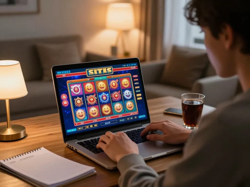 Playing situs slot online on laptop, enjoying strategic gambling at home.