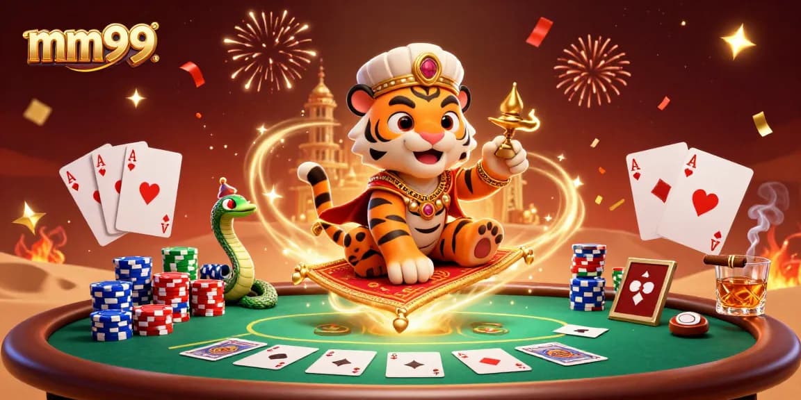 Engage with mm99's vibrant 3D casino scene featuring an Arabian-themed sultan and poker elements.