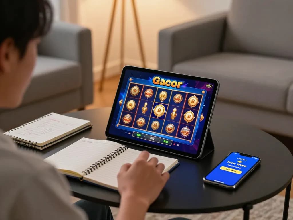 Pemain menikmati aksi slot gacor online di tablet di ruang tamu yang nyaman, menampilkan catatan strategi dan notifikasi smartphone.