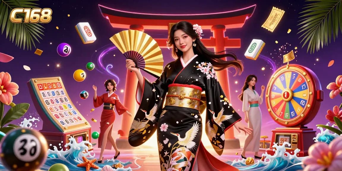 C168 celebrates winning moments in a vibrant digital casino scene filled with colorful lottery balls and dynamic action.