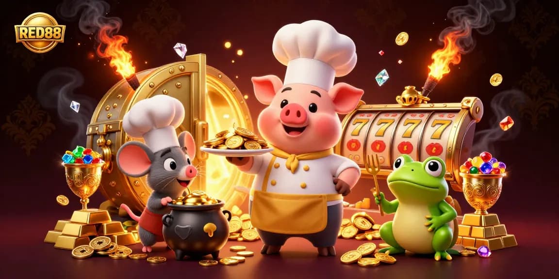 Experience winning at RED88 in an ultra-detailed casino illustration filled with gold coins and slot reels.