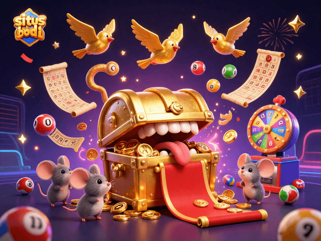 Experience thrill and excitement at situs judi bola with vibrant lottery balls and a treasure chest, creating a dynamic betting atmosphere.