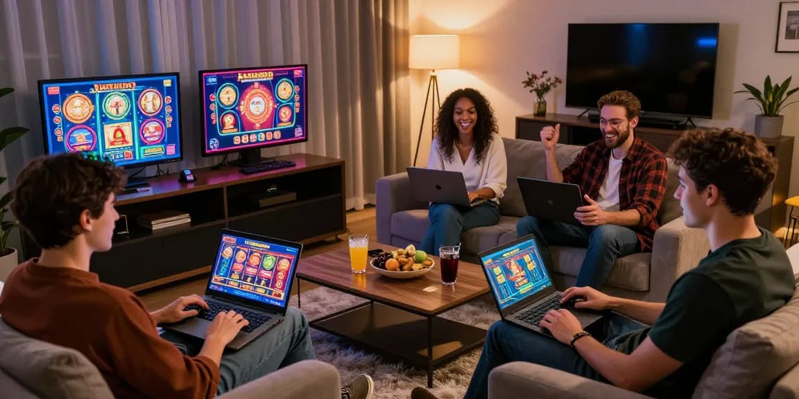 Friends enjoying a dynamic online gaming experience at non uk casinos for uk players, immersed in a lively environment.