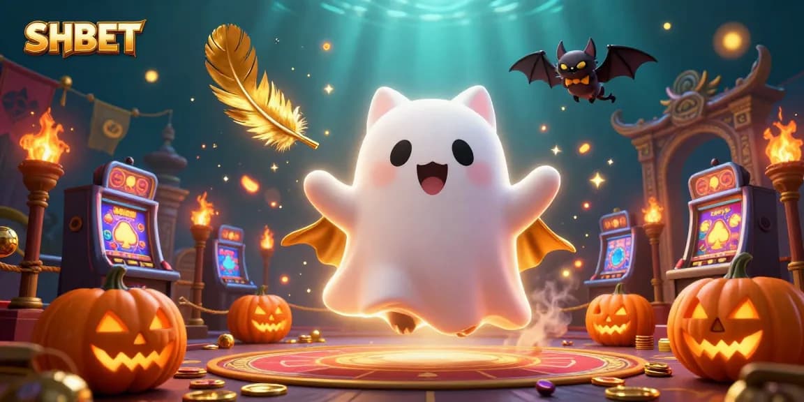 Experience excitement at SHBET's vibrant casino with ghost cat and vampire bat in a dynamic gaming scene.