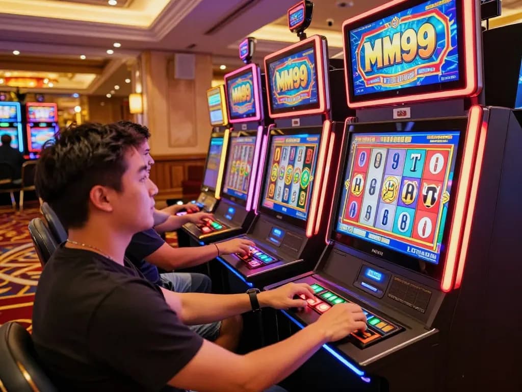 Engaging players ready to spin at MM99 Slot machines in a vibrant casino.