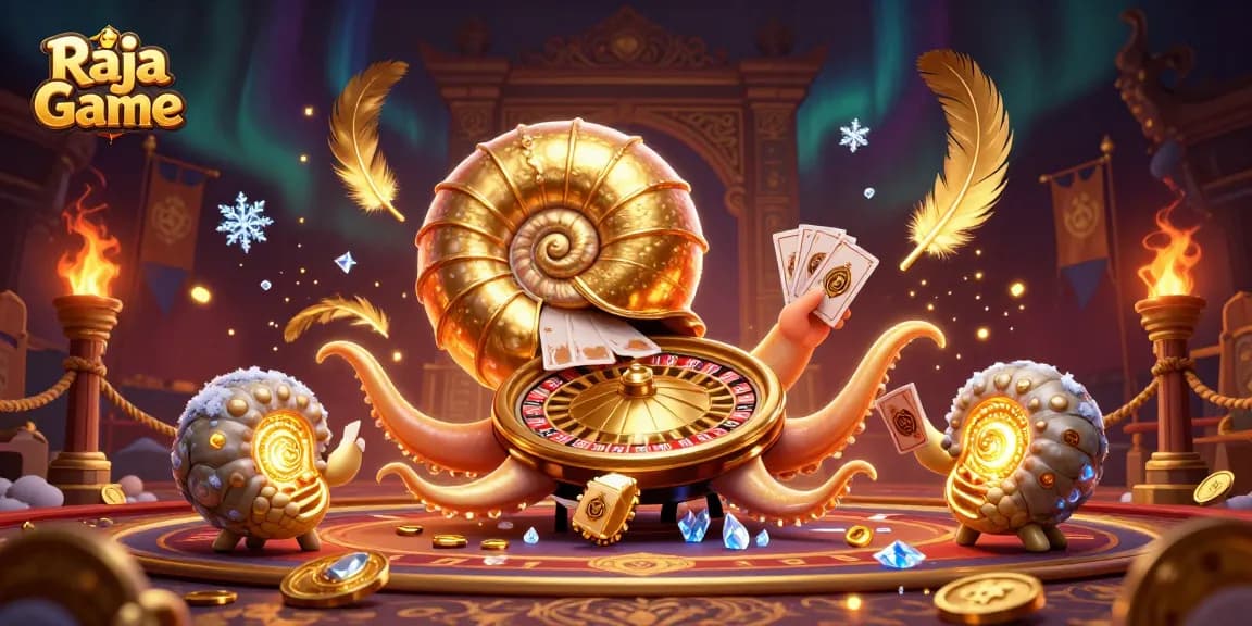 Engage in thrilling games on Raja Game with a dynamic scene featuring a giant nautilus and glowing ammonites.