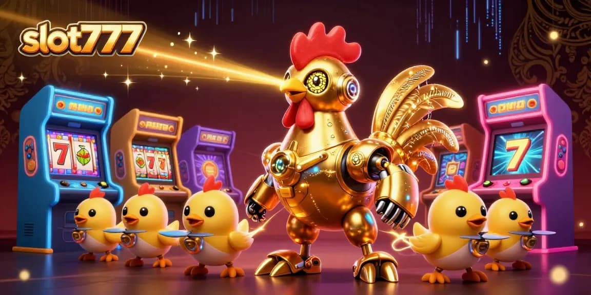 Spin slot777 reels with the golden rooster robot and chick drones in this dynamic casino scene.