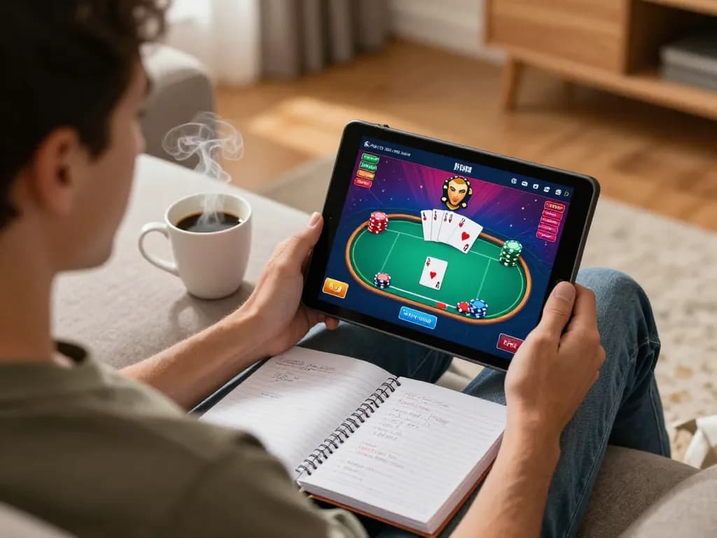 Player mastering poker strategies using IWIN68 on a tablet in a cozy home setting.