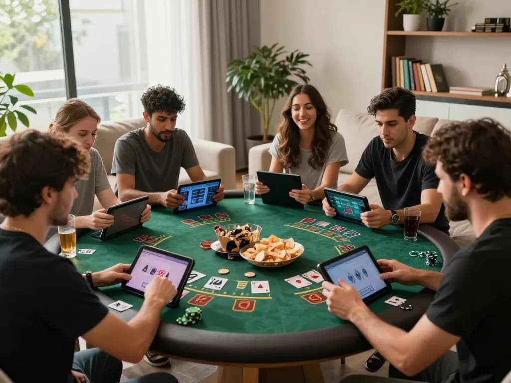Players engage in thrilling online blackjack gameplay at https://dola88vn.com/ in a cozy home setting with friends.