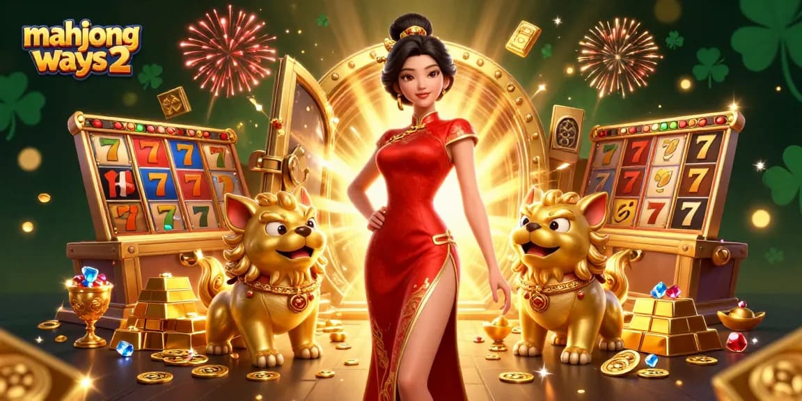 Engage with mahjong ways 2 as a glamorous Asian woman interacts with golden treasures and slot elements