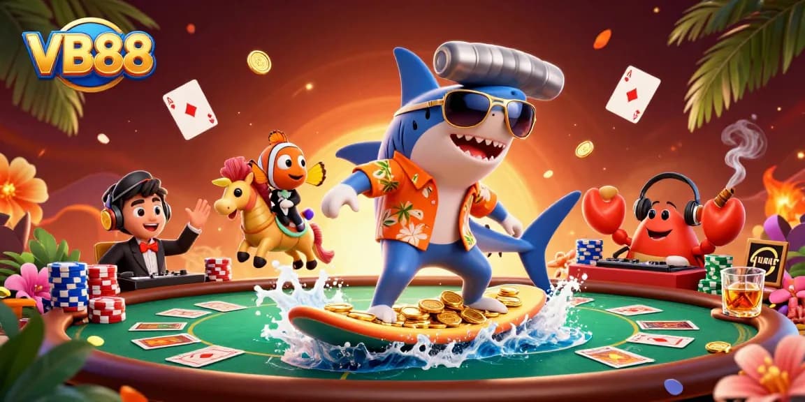 Experience thrilling gameplay with VB88, vibrant shark scene, poker elements, and shimmering gold coins.