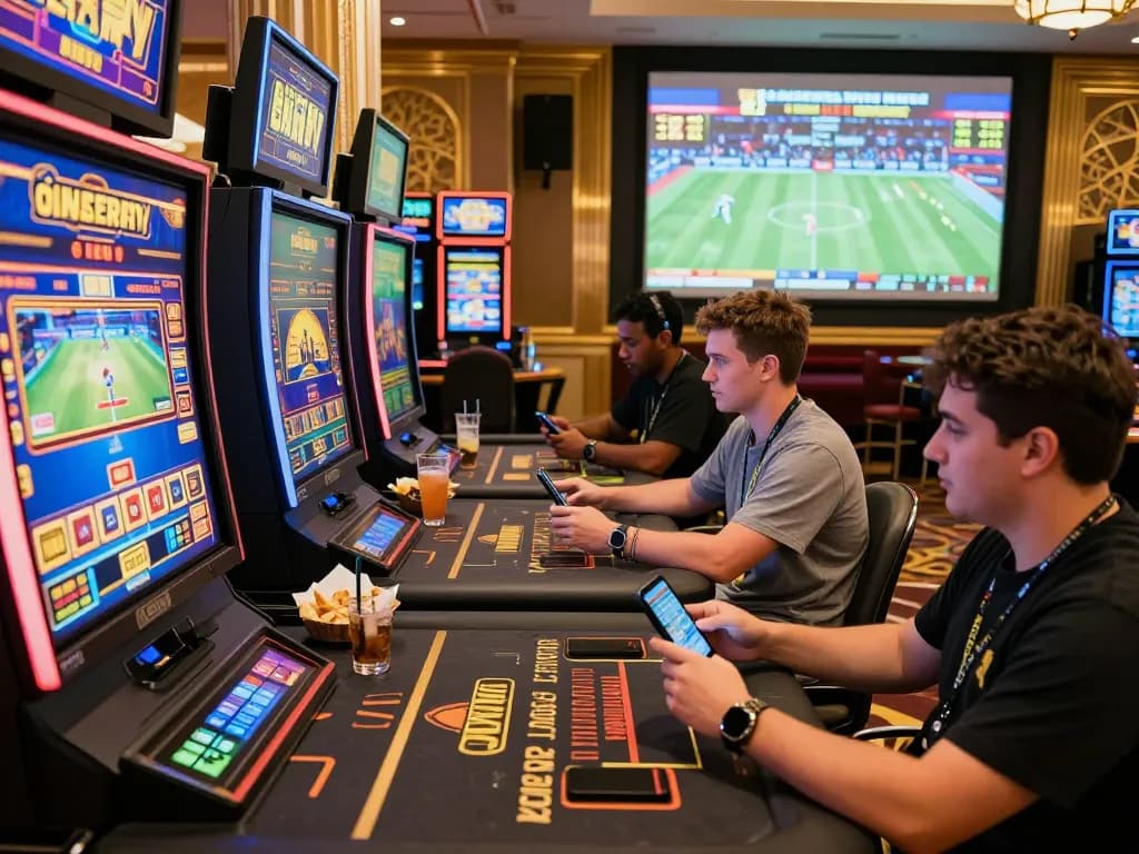 Engaging online casino gaming scene at https://god55.agency/ with players enjoying live dealer tables and slot machines in a luxurious setting.