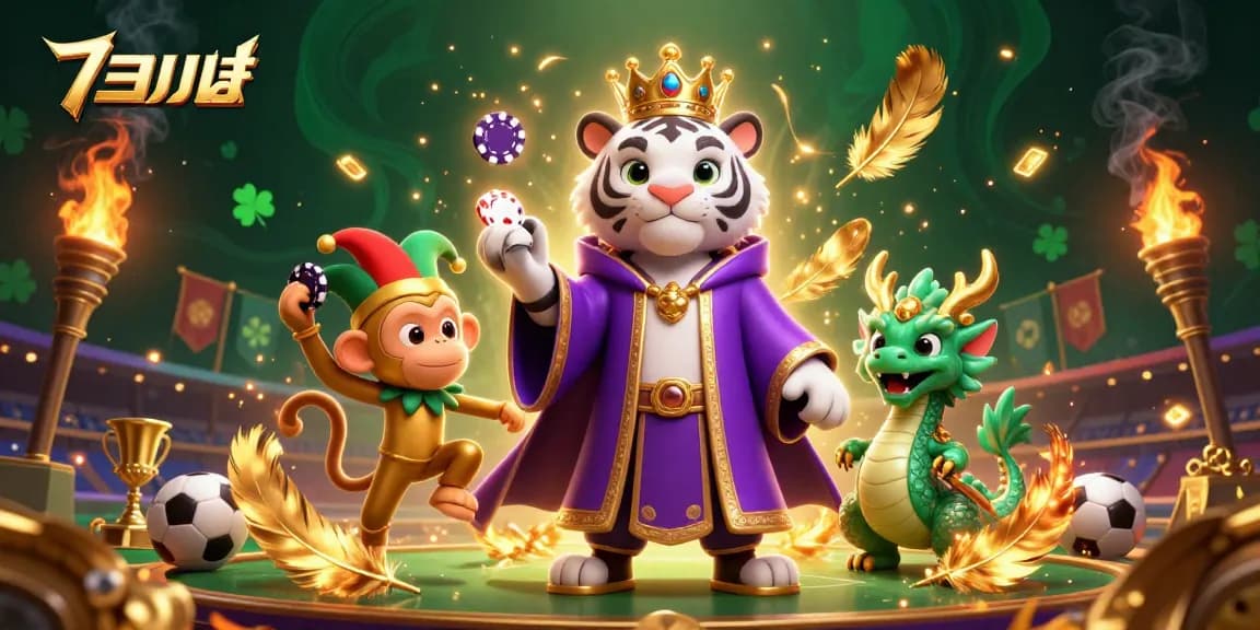 Engage in แทงบอล with excitement as a tiger, monkey, and jade dragon animate a lively sports betting scene.