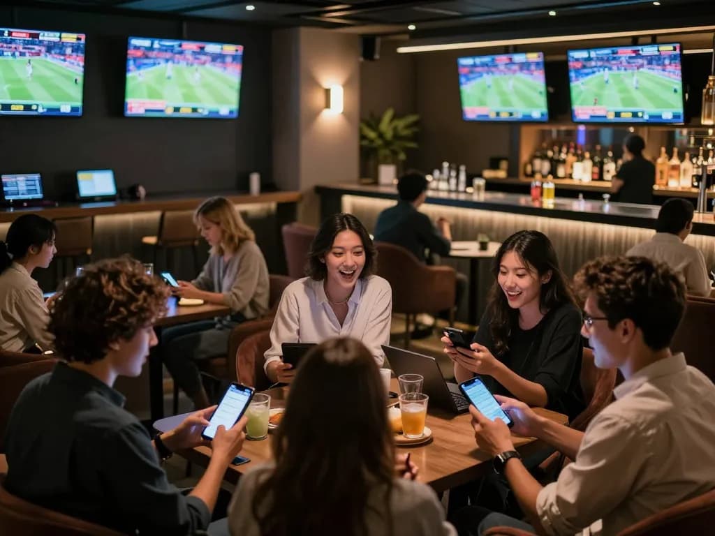 123hero enthusiasts placing bets in a high-energy sports lounge during live events.