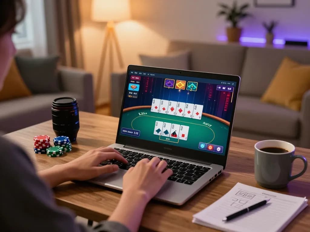 Sunwin player engaging in online poker with warm lighting and strategic notes.