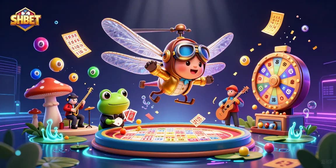 SHBET showcases vibrant casino dynamics with a dragonfly pilot, frog dealer, and jazz musicians.