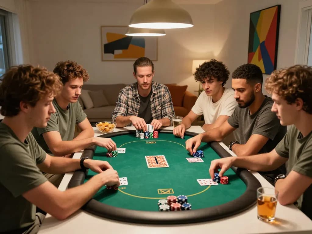 Friends playing soi kèo poker at home, analyzing cards and enjoying the atmosphere.