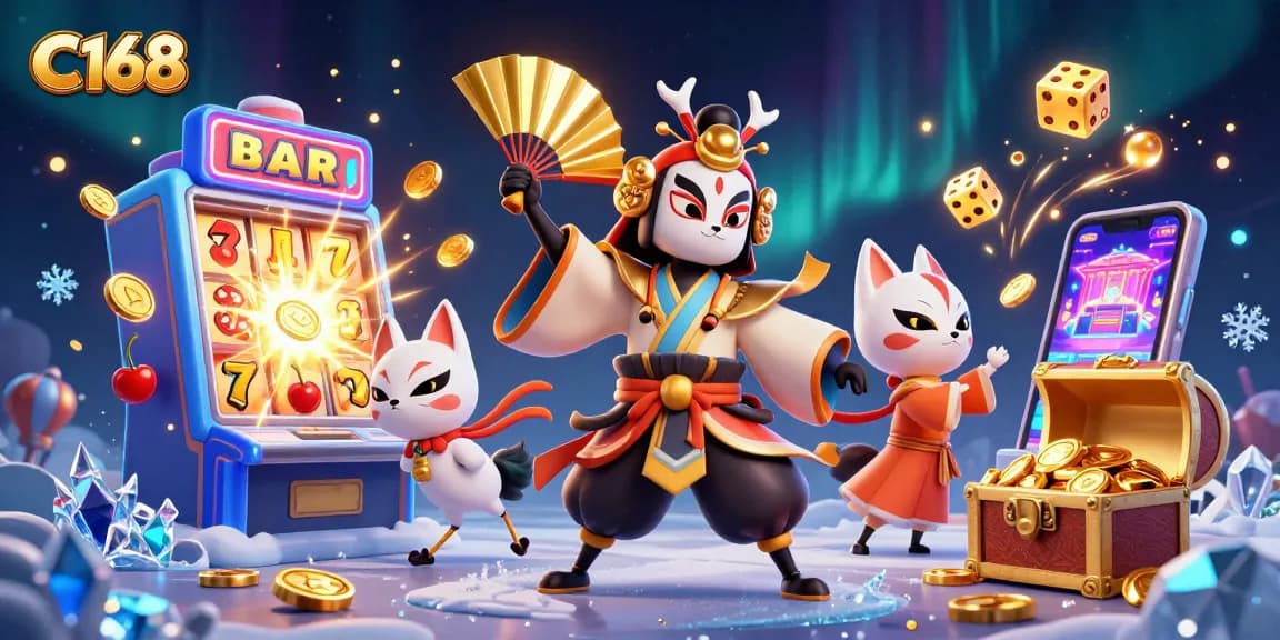 C168 casino theme featuring a kabuki warrior, slot machine, and vibrant gold coins.