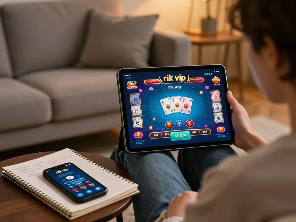 Person playing rik vip on a tablet at home, showcasing live dealer game and strategic notes.
