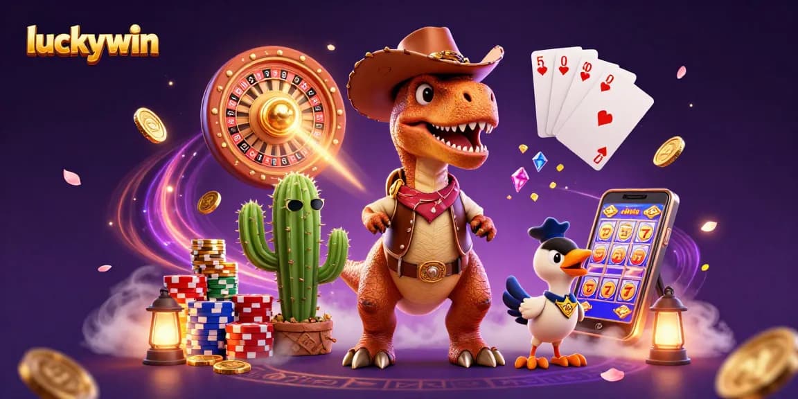 Engage with luckywin's thrilling casino experience featuring the T-Rex cowboy dinosaur and colorful casino elements.