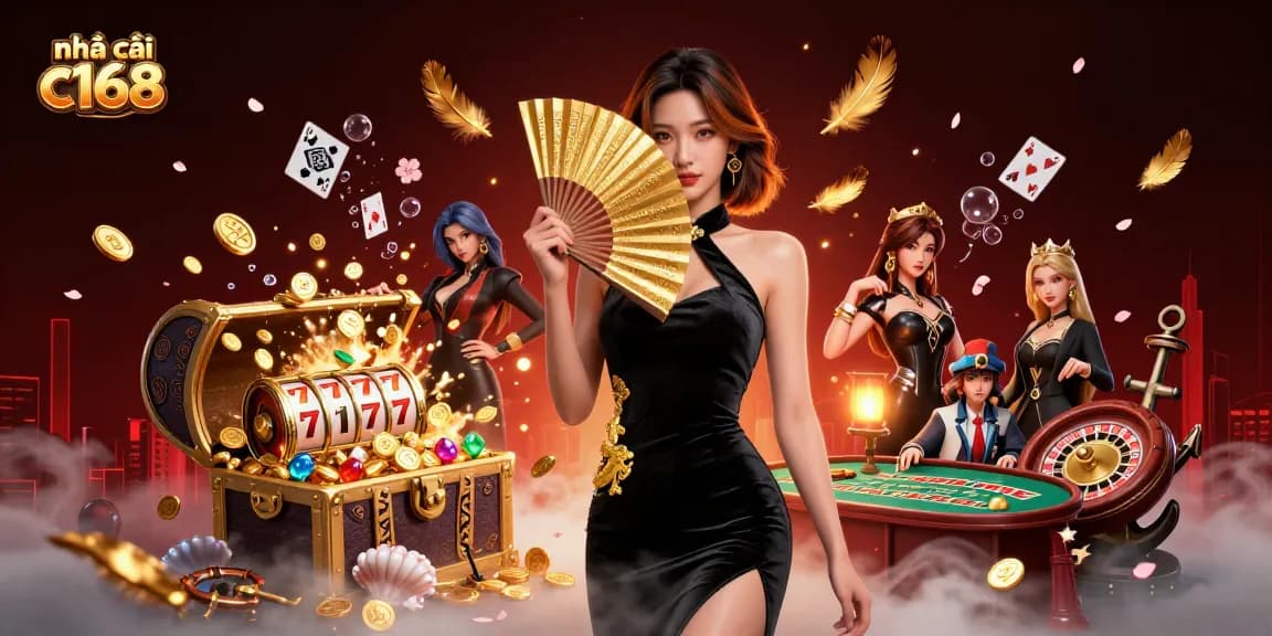 Engaging visual depicting nhà cái c168 with glamorous Asian dealer and exciting casino elements, showcasing vibrant gambling experiences.