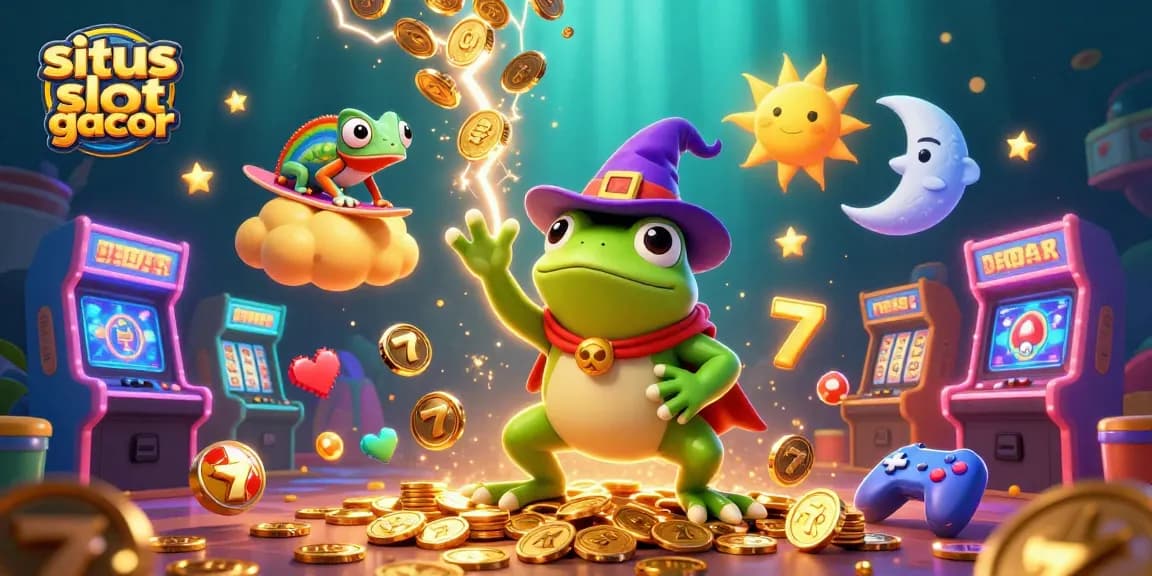 Experience the fun of situs slot gacor with a vibrant 3D illustration of a frog wizard and charming chameleon.