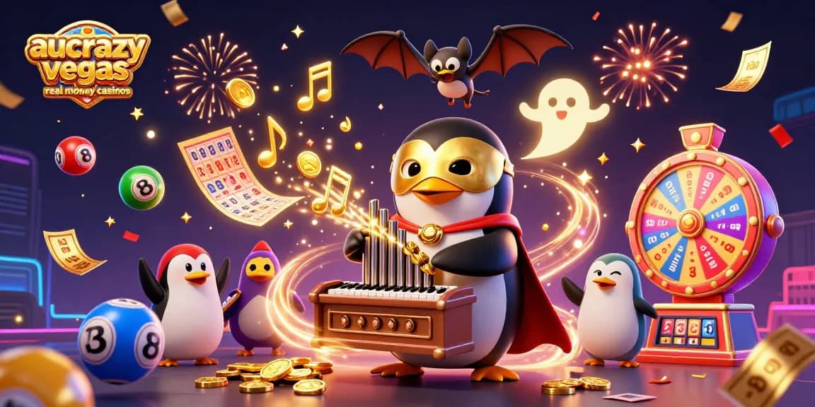 Engage with aucrazyvegas real money casinos as a penguin plays an organ shooting coins amid vibrant lottery elements.